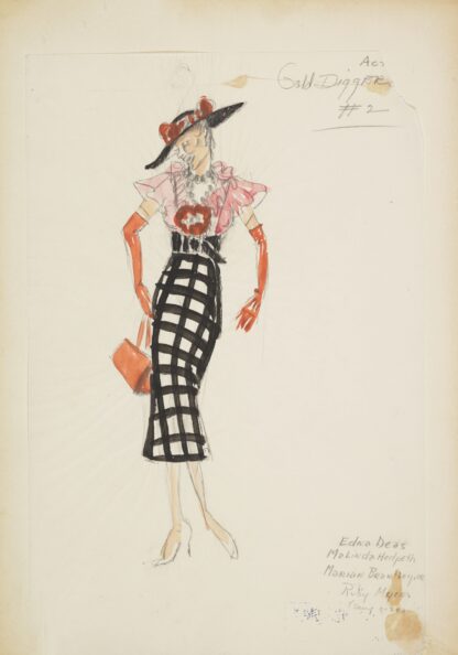 Swing It: Gold Diggers. Black & white skirt, pink blouse, orange gloves, and black hat by Maxine Borowsky