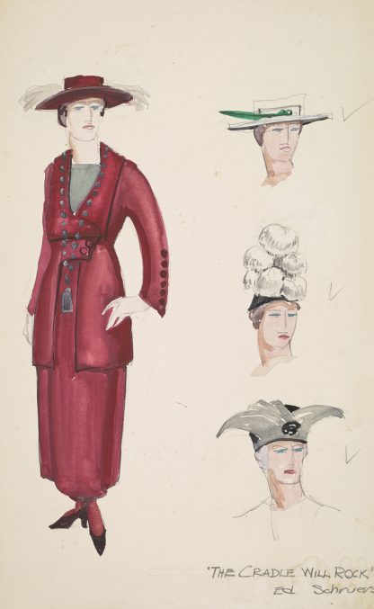 The Cradle Will Rock: Red women’s suit with matching hat and three alternate hats by Edwin Schruers