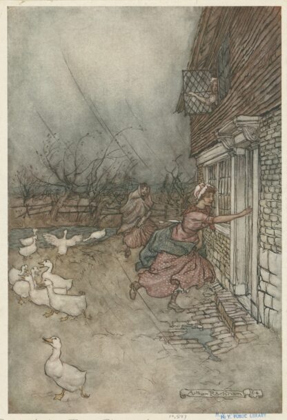 ‘The rain always made a point of setting in just as he had some outdoor work to do’ by Arthur Rackham