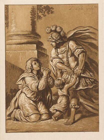 Threatening soldier with pleading wife and child by Pierre Lelu