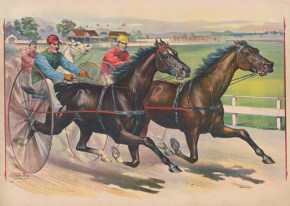 Three horses with jockeys running a harness race by Calvert Litho. Co