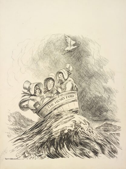 Three men dressed as women with bonnets reading Faith, Hope, and Charity ride on a stormy sea in a washtub labeled ‘The Henry Ford’ by William Henry Walker