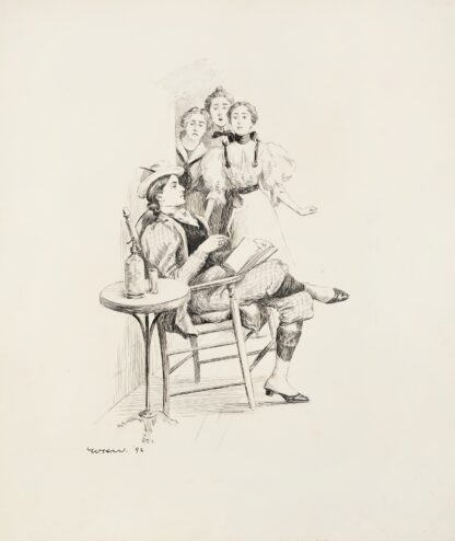 Three women in dresses look shocked at another woman who is reading, wearing a suit, smoking and drinking. by William Henry Walker
