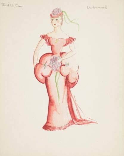 Trial by Jury: Bridesmaid. Pink gown with puffed waist. Pink cap with purple flowers by Emile Stoner