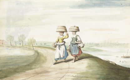 Twee boerenvrouwen lopend in een landschap by Gesina ter Borch