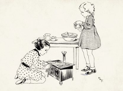 Twee meisjes spelend met een speelgoedfornuis by Miep de Feijter