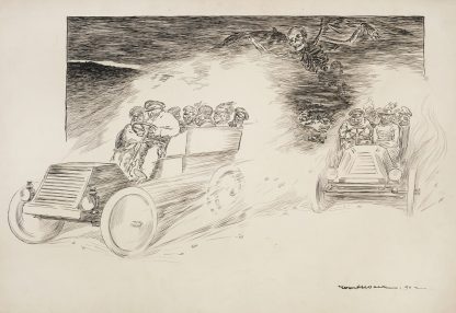 Two cars full of people drive down a road, oblivious of the dead bodies in the road behind them and the skeleton by William Henry Walker