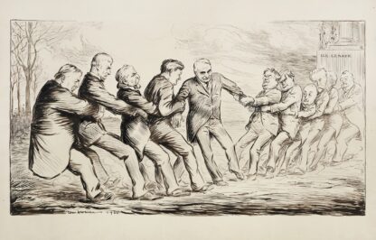 Two groups of men in suits play tug of war in front of the U.S. Senate building by William Henry Walker