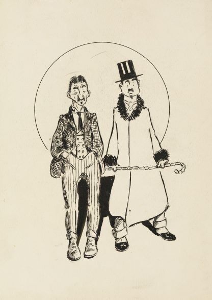 Two men, one in a three piece suit with striped pants, the other with a coat that has fur on the cuffs and collar, a top hat, and cane. by Harold Imbrie