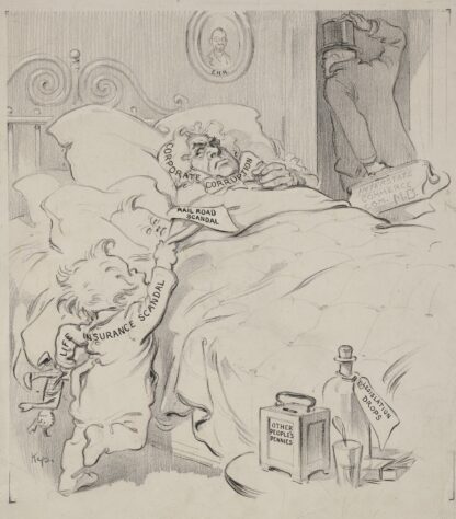 Two toddlers, ‘Life Insurance Scandal’ and ‘Rail Road Scandal,’ climb into bed with ‘Corporate Corruption’ by Joseph Ferdinand Keppler