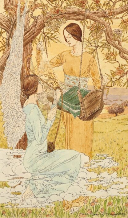Two women with a cradle, one of them winged by Carlos Schwabe