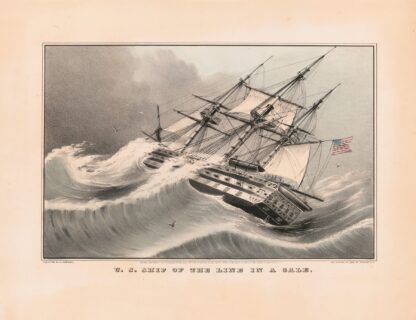 U.S. ship of the line in a gale by Currier & Ives.