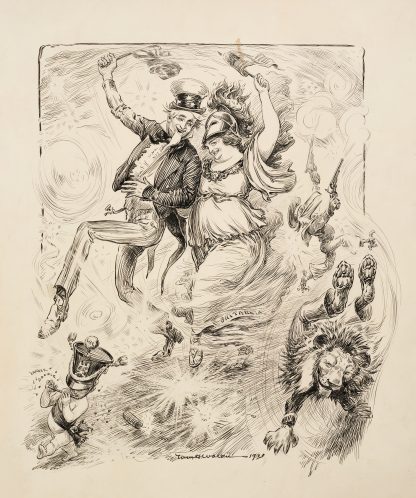 Uncle Sam and a woman representing Britain walk arm-in-arm in a procession, carrying each other’s flags. by William Henry Walker