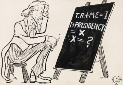 Uncle Sam contemplating problem on chalkboard by Frank Arthur Nankivell