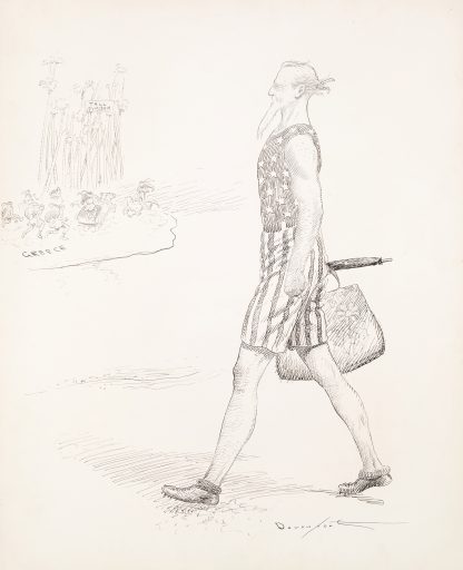 Uncle Sam in a bathing suit walks along a beach by Homer Davenport