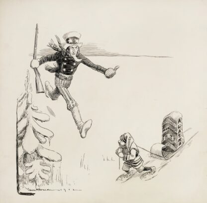 Uncle Sam runs to stop a small man, representing Canada, who is moving the 1825 Alaska Boundary Monument. by William Henry Walker