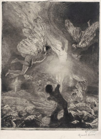 Vlam in de vorm van een vrouw, met daaromheen mannen met vleugels die zich branden en neerstorten by Marcel Roux