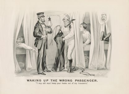 Waking up the wrong passenger; ‘I say old man! keep your hooks out of my trousers.’ by Currier & Ives.