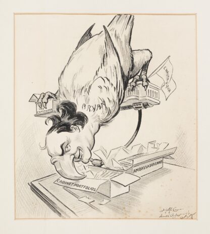 William Jennings Bryan, depicted as a bird, stands on a perch made from buildings representing Chautauqua and the Commoner by Louis Glackens