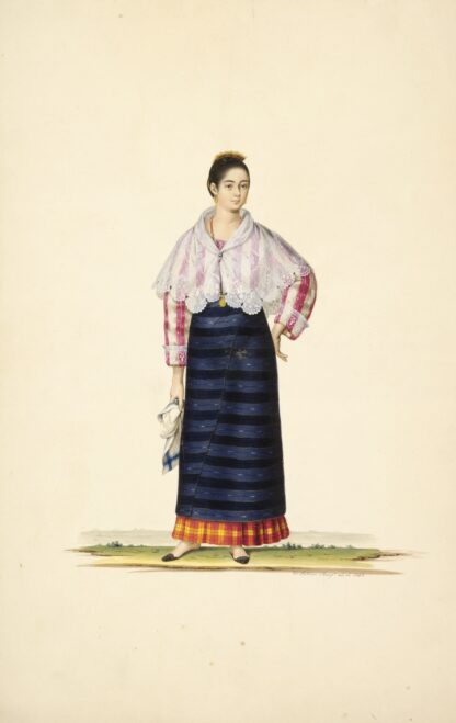 Woman in blue apron, plaid skirt, pink and white striped shirt, white shawl; holding scarf by Justiniano Asuncion