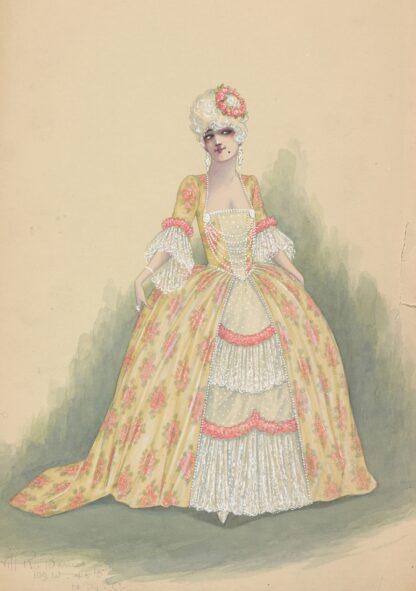 Woman in yellow, white, and pink dress by Will R. Barnes