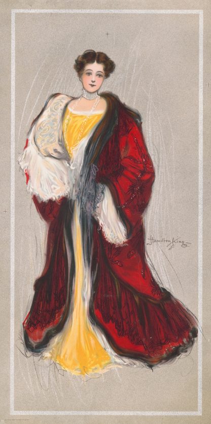 Woman with yellow dress and red coat by Hamilton King