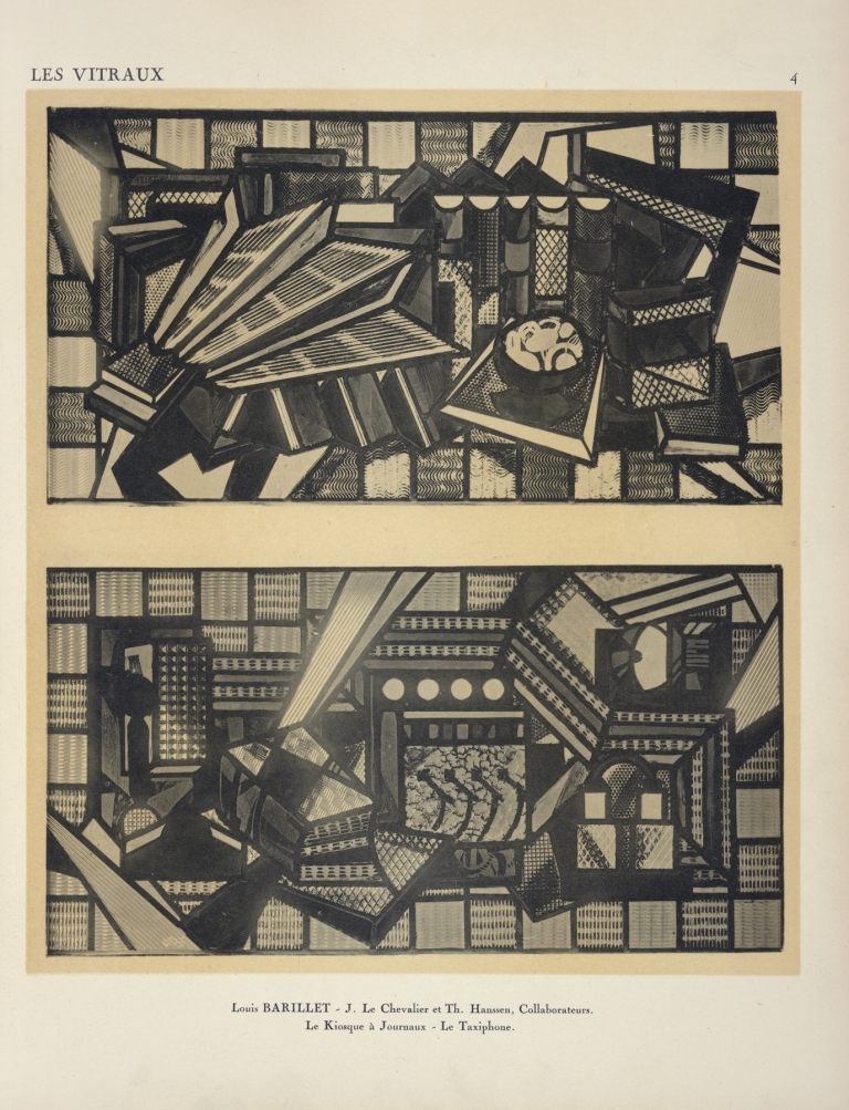 1, Le kiosque à journause ; 2, Le taxiphone, pur un abri de station de tramway sur un place publique, au Salon d’Automne de 1924. by Jacques Gruber