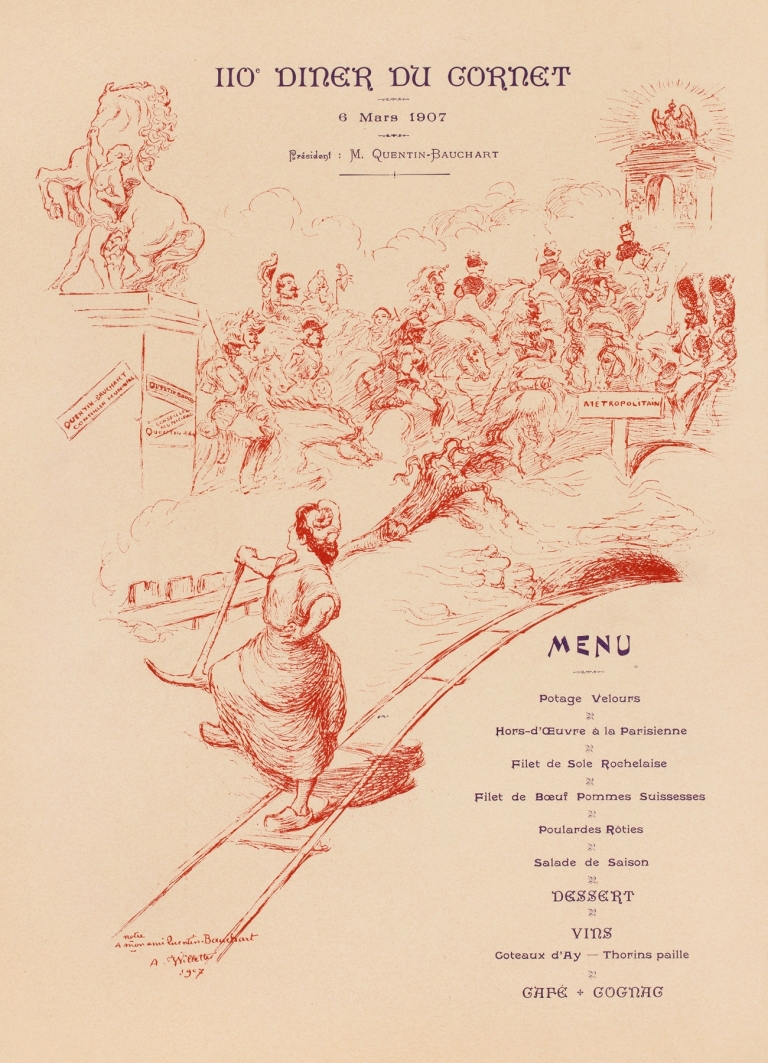 110e dîner du Gornet 6 Mars 1907 Président M. Quentin-Bauchart Menu A mon ami Quentin Bauchart by Adolphe Léon Willette