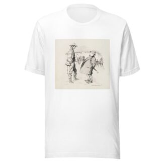 A winter scene. A man in a suit talks with a man in rougher clothes, while behind them people in fine clothes walk and ride in sleighs. by William Henry Walker T-Shirt