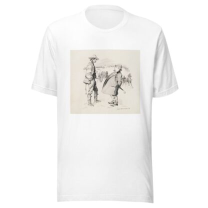 A winter scene. A man in a suit talks with a man in rougher clothes, while behind them people in fine clothes walk and ride in sleighs. by William Henry Walker T-Shirt