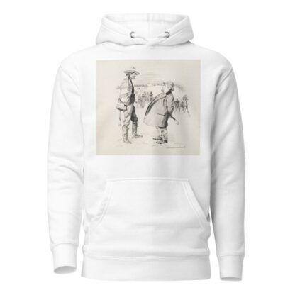 A winter scene. A man in a suit talks with a man in rougher clothes, while behind them people in fine clothes walk and ride in sleighs. by William Henry Walker Hoodie