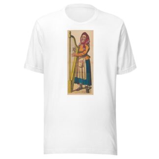 Woman playing harp and singing with mouth wide open and several teeth missing by René Ackermann T-Shirt