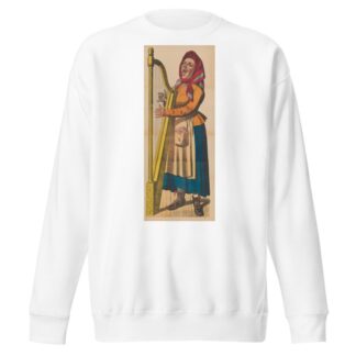 Woman playing harp and singing with mouth wide open and several teeth missing by René Ackermann Sweatshirt