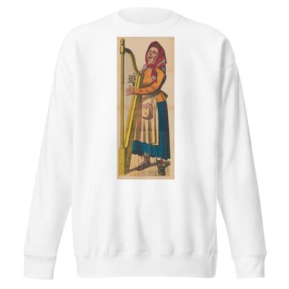 Woman playing harp and singing with mouth wide open and several teeth missing by René Ackermann Sweatshirt
