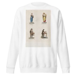 Plate 5; four street vendors from Madrid selling sweet albellanitas dulces, alacalienties, tender cuts and a knife grinder by Miguel Gamborino Sweatshirt
