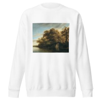 A river landscape with a fisherman on a bridge by Roelof Jansz. van Vries Sweatshirt