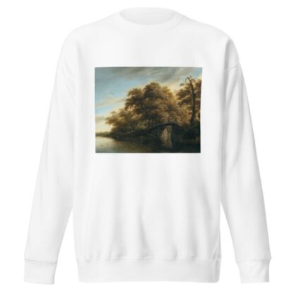 A river landscape with a fisherman on a bridge by Roelof Jansz. van Vries Sweatshirt