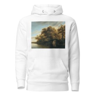 A river landscape with a fisherman on a bridge by Roelof Jansz. van Vries Hoodie