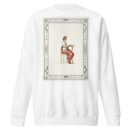 Woman in classical dress sitting at small table. by Pierre-Jean Mariette Sweatshirt