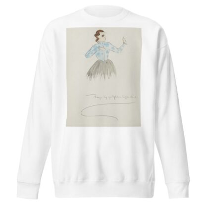 Uncle Tom’s Cabin: Blue flowered blouse, with grey skirt by Peter Crosby Sweatshirt