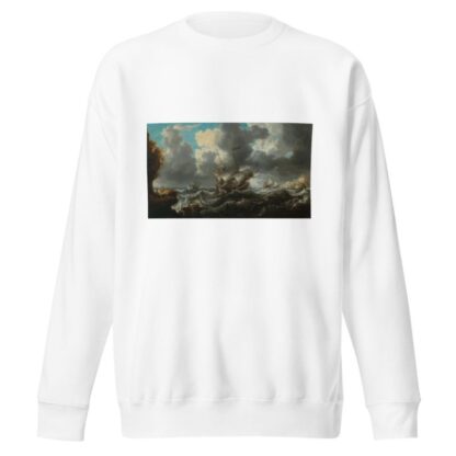 A man o’war in choppy seas with soldiers on an outcrop nearby by Bonaventura Peeters the Elder Sweatshirt