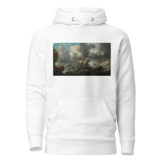 A man o’war in choppy seas with soldiers on an outcrop nearby by Bonaventura Peeters the Elder Hoodie