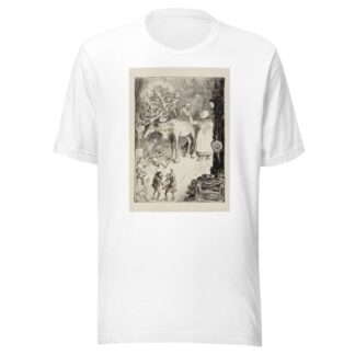 A group of elves hang Christmas decorations on the antlers of a reindeer, aided by a laughing woman by William Henry Walker T-Shirt