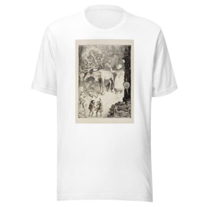 A group of elves hang Christmas decorations on the antlers of a reindeer, aided by a laughing woman by William Henry Walker T-Shirt