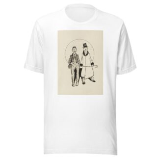 Two men, one in a three piece suit with striped pants, the other with a coat that has fur on the cuffs and collar, a top hat, and cane. by Harold Imbrie T-Shirt