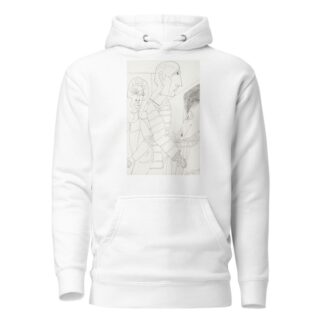 Twee figuren tegenover de kop van een dier dat hooi eet uit een kom by Samuel Jessurun de Mesquita Hoodie