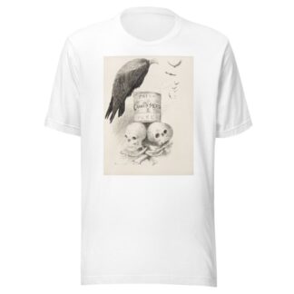 A can of ‘Fresh Canned Meats’ sits on top of human bones. Vultures circle the can, and one sits on it. by Homer Davenport T-Shirt