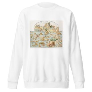 Large river scene of various animals and people on islands at various activities. by Pierre-Jean Mariette Sweatshirt