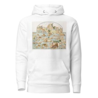 Large river scene of various animals and people on islands at various activities. by Pierre-Jean Mariette Hoodie