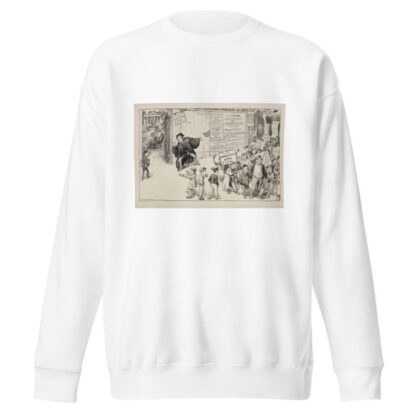 A man advertises a college education in one year, where students learn how to get rich, and has attracted a crowd of interested boys by William Henry Walker Sweatshirt